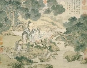 Văn sĩ đang ngồi bên bờ suối thưởng thức trà